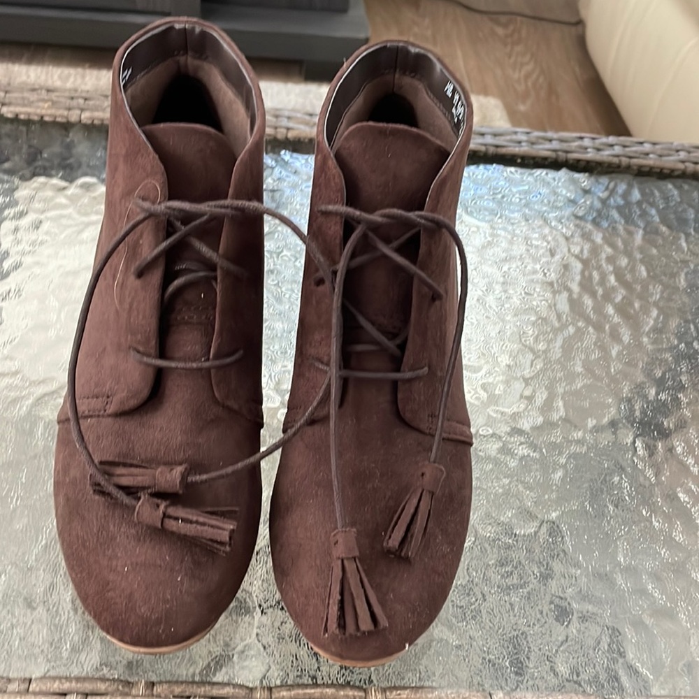 Brown wedge heel boot